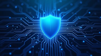 A glowing blue shield sits at the center, with intricate blue circuit like patterns in the background, representing cybersecurity.