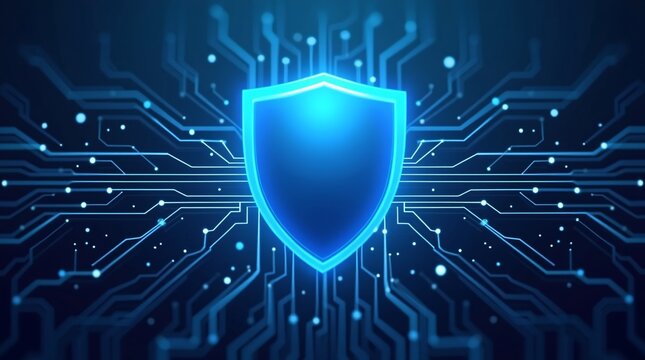 A glowing blue shield is centered, with blue circuit like patterns in the background, symbolizing cybersecurity.