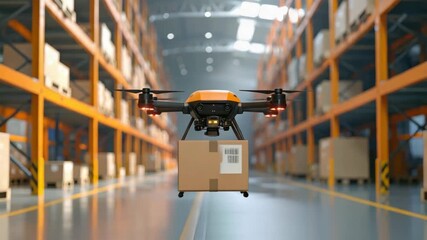 Orange Drone Carrying Cardboard Box in Warehouse with Metal Shelving and Concrete Floor - Powered by Adobe