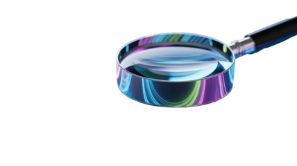 Modern magnifying glass with colorful iridescent reflections, perfect for research, discovery, and innovative solutions in the digital age