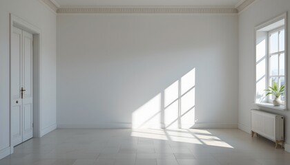 Obraz premium An empty room with high ceilings. The space is dominated by natural light streaming in from a large window