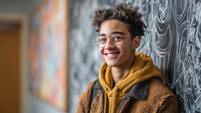 Radiant Confidence: A young, smiling individual exudes confidence and approachability, wearing glasses, radiating positivity against the backdrop of an artistically adorned wall.