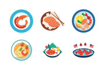 Six colorful and delicious asian seafood dishes arranged in a grid layout