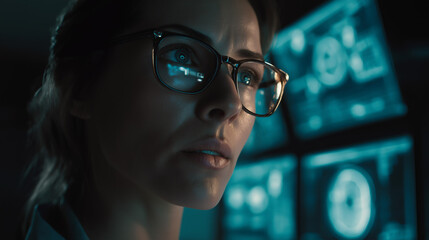 Focused female doctor analyzing radiological scans on a computer screen. Scientist in a dark lab working with medical data. Healthcare and technology concept