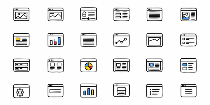 Diverse collection of modern UI elements and web interface icons, perfect for digital design projects and app development, offering clean, intuitive visual cues for user experience enhancement