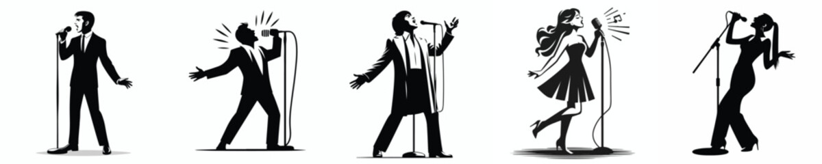 Vector set of black and white images of people singing