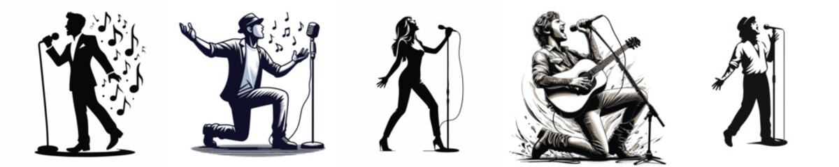 Fototapeta premium Vector set of black and white images of people singing