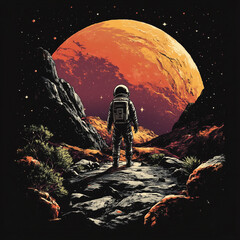Astronaut under red sky on mysterious alien planet