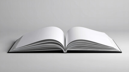 An open hardcover book with blank white pages on a gray background. Education and learning concept with copy space for a mockup