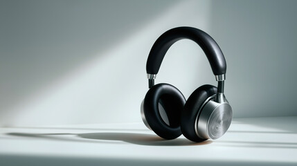 Modern luxury headphones on a minimalist background. Sleek black and silver audio gadget product shot with copy space