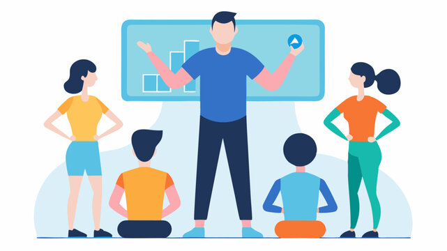 A fitness coach leading a group session with participants wearing various health trackers that sync to a central display showing group performance metrics.