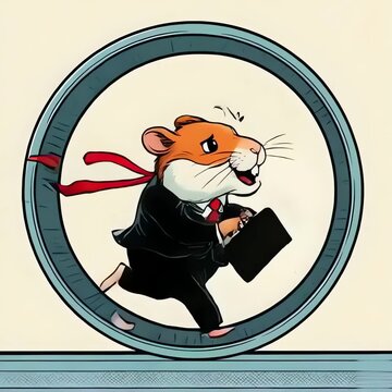 Business Hamster ,Cartoon Style ,Running on Wheel in Suit & Tie, Corporate Rat Race, 9 to 5 Grind, Hustle
