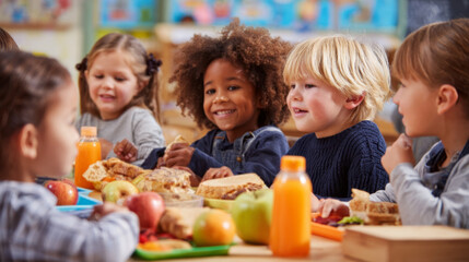 Naklejka na ściany i meble Happy Children Sharing Lunch at Preschool Table Naklejka na ściany i meble Happy Children Sharing Lunch at Preschool Table