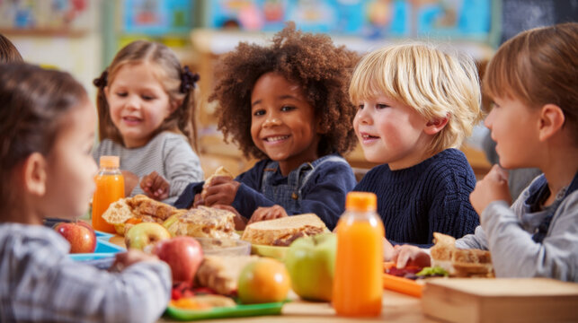 Happy Children Sharing Lunch at Preschool Table