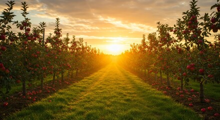 Sunset Glow over Lush Apple Orchard Row with Sunbeams and Warm Hues in Rural Landscape