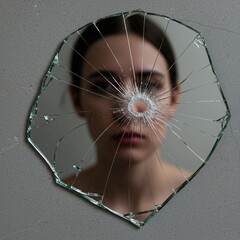 Woman Reflected in Shattered Mirror on Gray Wall with Sharp Details