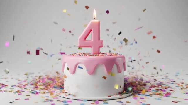 White and pink birthday cake with candle number 4. Solid white background with falling confetti. Video for 4th birthday or anniversary party