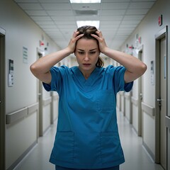 Worried Woman in Blue Scrubs Holding Head in Hospital Hallway