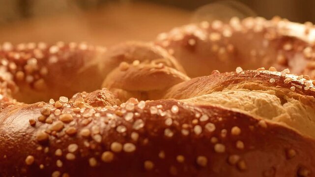 Close up shot of a delicious pretzel with salt on top.