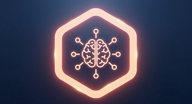 Glowing AI Brain Icon in Hexagon - Artificial Intelligence, Machine Learning, and Neural Network Concept - Powered by Adobe