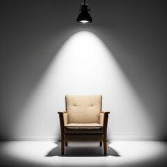 Retro Armchair with Beige Upholstery in Bright Spotlight Against White Wall