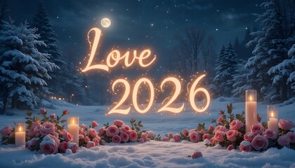 Moonlit snowy night — the text ‘Love 2026’ glowing softly above roses and candles"