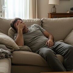 Man Resting on Beige Couch Covering Face in Bright Home