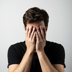 Distressed Man Covering Face with Hands in Studio Light