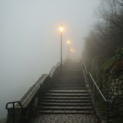 Stone Stairway with Glowing Lamps in Foggy Outdoor Urban Scene