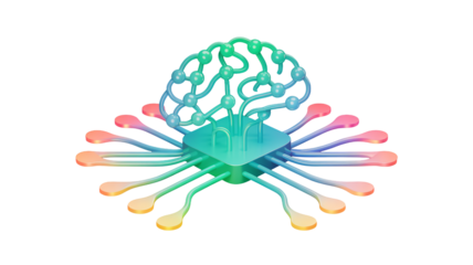 Vibrant 3D illustration of AI brain concept, representing artificial intelligence, machine learning, and technology innovation for future solutions