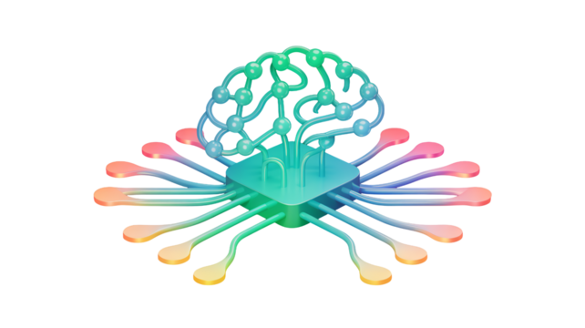 Vibrant 3D illustration of AI brain concept, representing artificial intelligence, machine learning, and technology innovation for future solutions