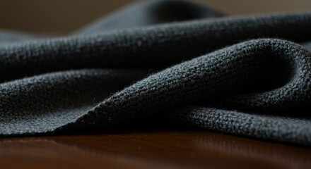 Detailed Shot of Dark Gray Woven Textile on Wooden Table Surface