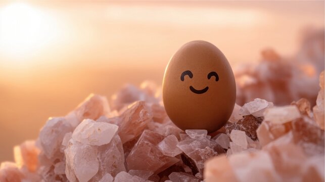 A brown egg with a happy surprised smiley face rests among pale crystalline salt structures glowing warmly under sunrise