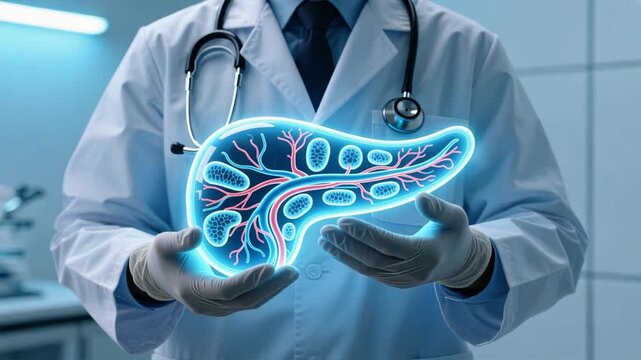 A doctor holding a glowing holographic pancreas with digital network connections, diabetes concept, diabetic care