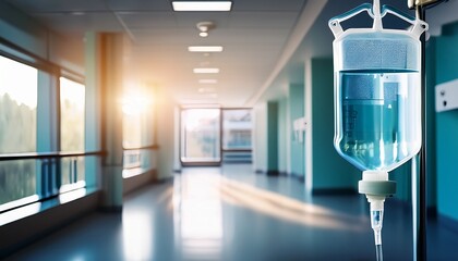 medical iv fluid drip hanging in hospital corridor with bright lighting