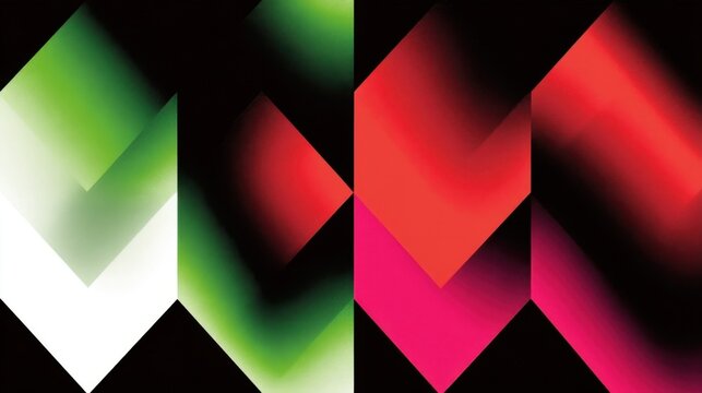 Dynamic abstract composition with curved shapes transitioning from green to black then red to pink gradients across pane
