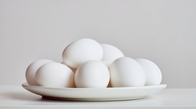 A group of smooth white eggs neatly arranged on a white plate,