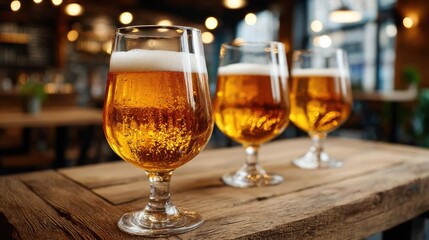Obraz premium Two glasses of beer on wooden table in pub or restaurant concept. Three glasses of golden beer on a rustic wooden table.