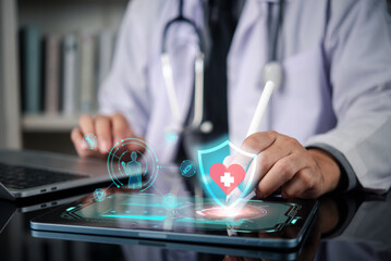 Doctor using tablet analyzing patient data, digital health records. Medical technology for healthcare insurance protection, diagnosis, treatment. Modern care innovation, futuristic medical concept.