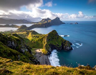 Coastal panorama of mountain ridges