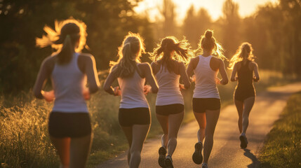 Fototapeta premium Group of Women Jogging Through Park at Sunrise