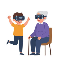 Grandmother and Grandson Immersed in Virtual Reality Experience