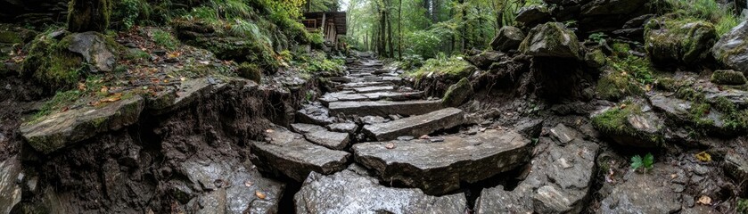 Path in the forest with village landslide road concept. A serene forest pathway with moss-covered rocks and greenery.