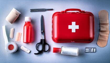 first aid kit with bandages scissors and medicine bottle in red plastic case for emergency medical supplies