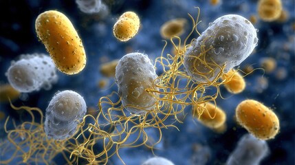 Microscopic depiction of bacteria, showing cellular structures and flagella against a blurred backdrop