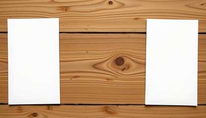 Naklejka premium Two blank cards resting side by side on a wooden surface. They are unadorned with any text or decoration, inviting one to imagine their potential use.