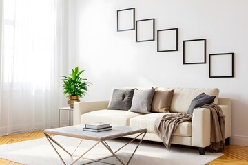 Fototapeta premium Cozy modern living room with a plush sofa decorative pillows and empty photo frames on the wall modern living room , interior design ,white blank frames