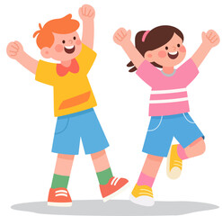 Two happy kids cheering with raised hands, wearing colourful clothes, smiling joyfully in a bright flat cartoon illustration style.