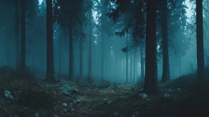 Obraz premium Mysterious forest scene with misty trees and dark atmosphere