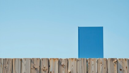 An outdoor setting where a tall, rectangular blue object stands prominently amidst a wooden fence. The fence appears old and weathered, with visible wear and tear